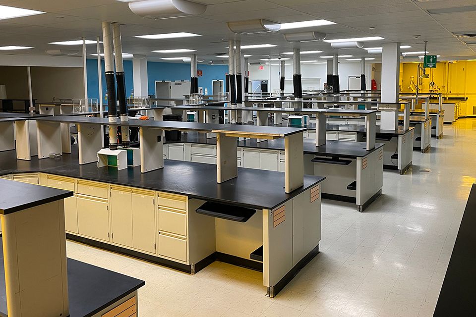 Lab workspace with ample counter spaces and storage